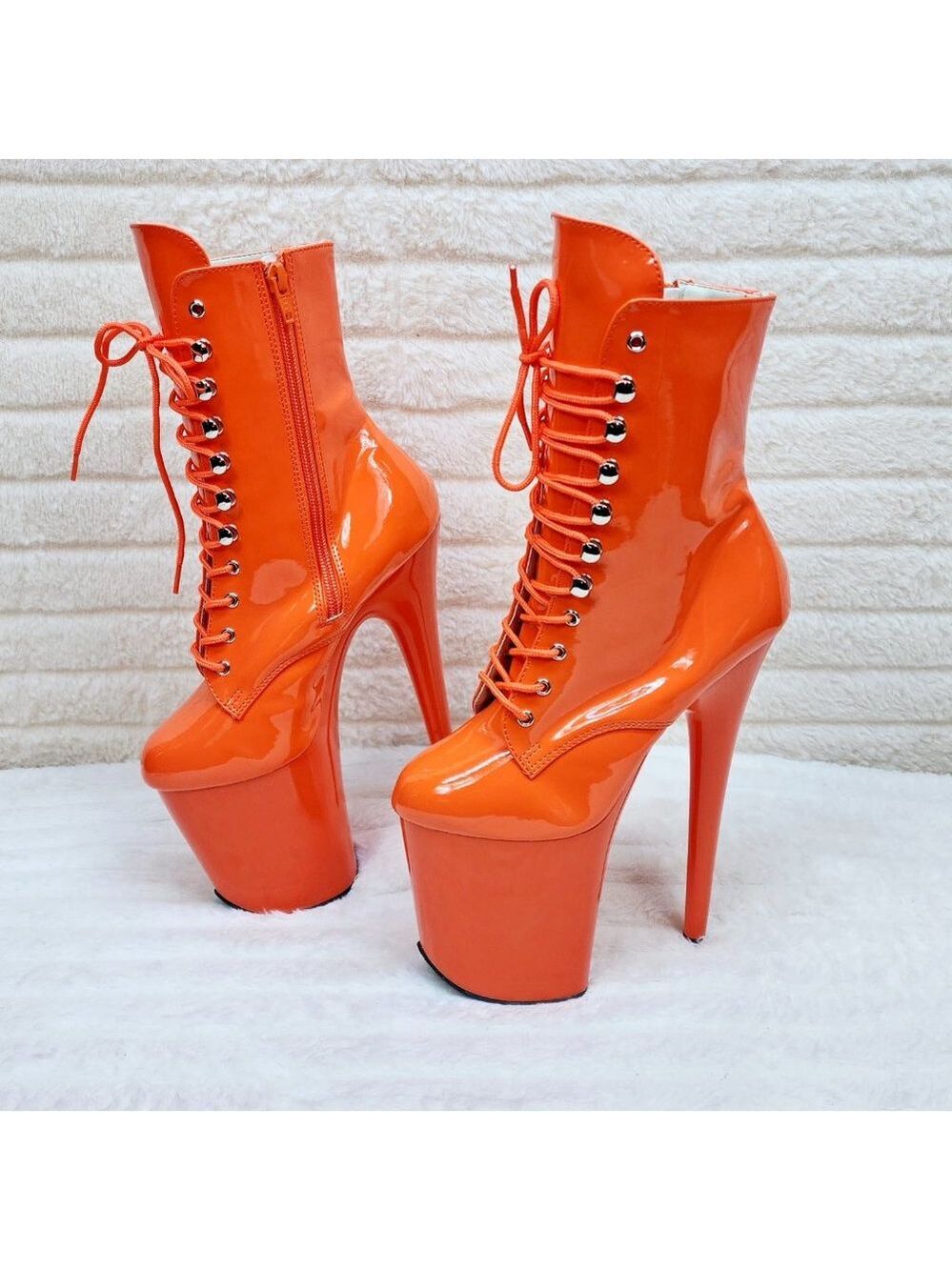 Flamingo Bright Orange Patent Towering 8" High Heel Platform Ankle Boots - Picture 8 of 11